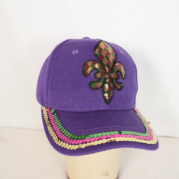 2 Mardi Gras Ballcaps Purple Sequins Fleu De Lis Green Red Gold Never Worn - Picture 2 of 10